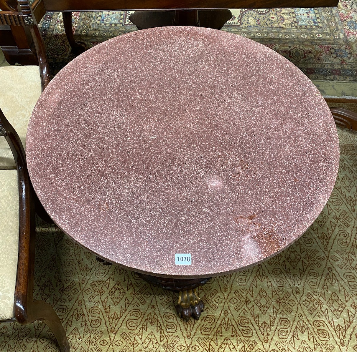 A Victorian parcel gilt rosewood pedestal now as an occasional table with circular faux porphyry marble top diameter 73cms, height 62cms.